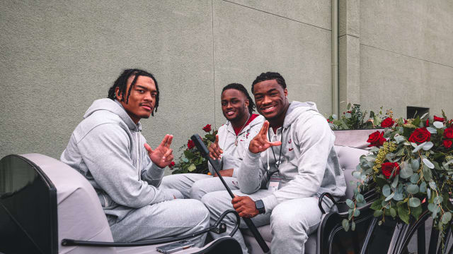 Malachi Moore, Dallas Turner and Jalen Milroe at Disneyland Parade